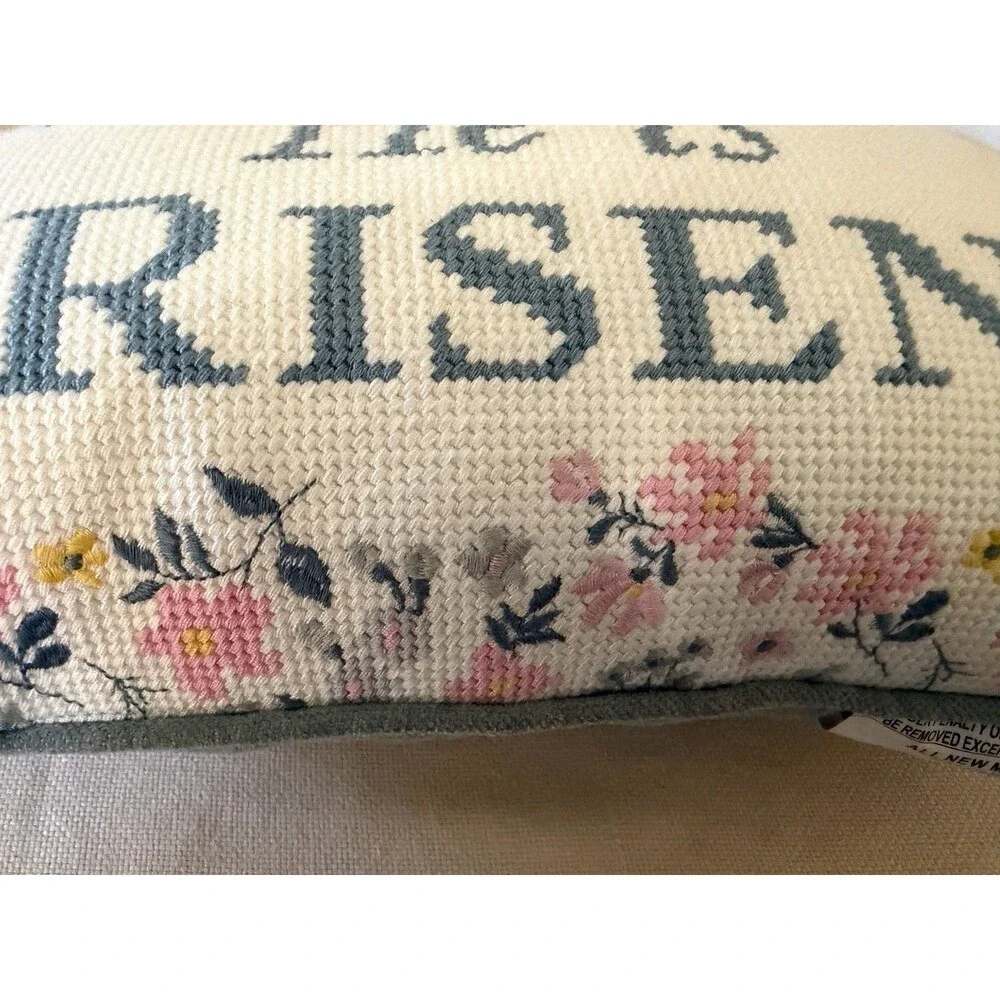 Easter Pillow Decoration Handmade embroidery 14x8” HE IS RISEN New